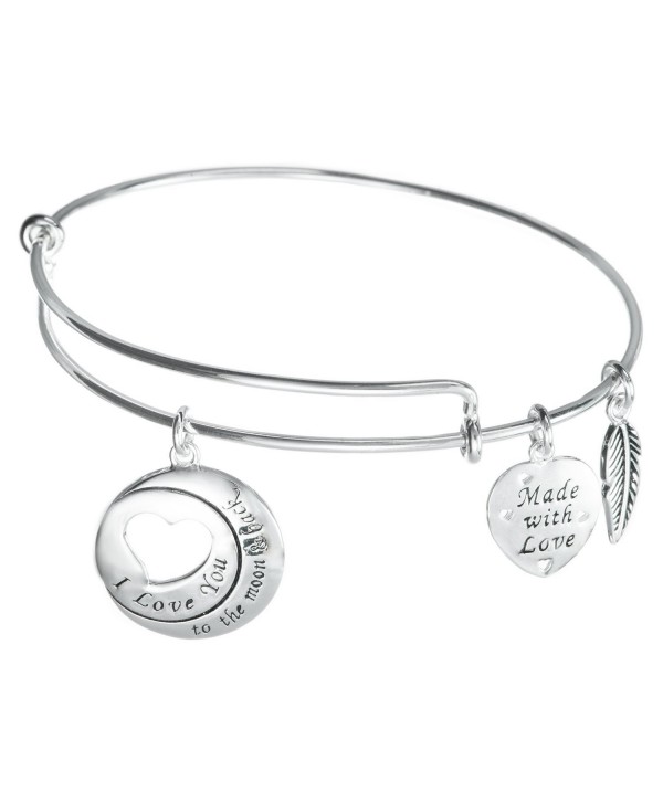925 Sterling Silver I Love You To The Moon & Back Heart Wing Charm Adjustable Bangle - CE12FTZGOAV