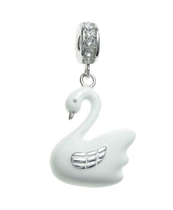 Rhodium-plated Sterling Silver White Swan Swarovski Elements Crystal European Style Dangle Bead Charm - C311APG4VZZ