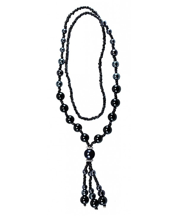 BDJ Black Synthetic Pearl Tassel Dangling Pendant Strand Necklace 26" (NTASP052) - C211FCYKJI9