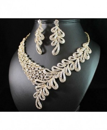 ELEGANT FLORAL AUSTRIAN RHINESTONE BRIDAL NECKLACE EARRINGS SET GOLD ...