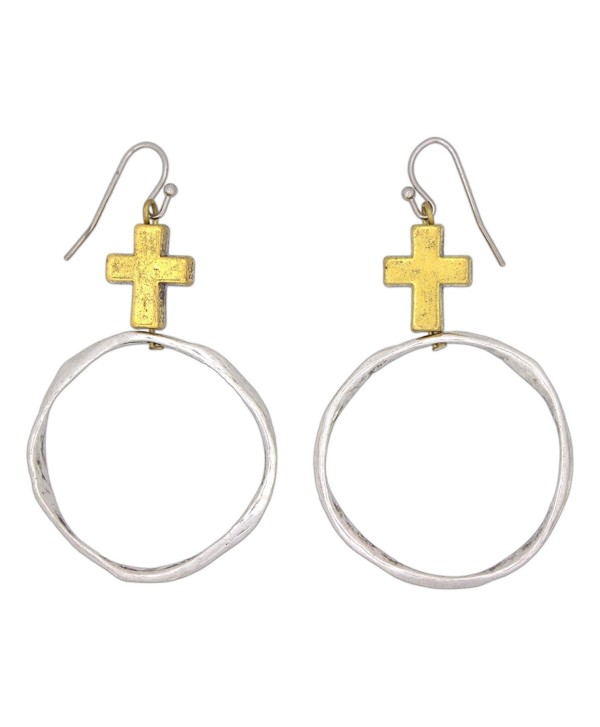 Fabu Jewelry Gold-Toned Cross with Hammered Open Circle Fish Hook Earrings - CK123Z8R8A9