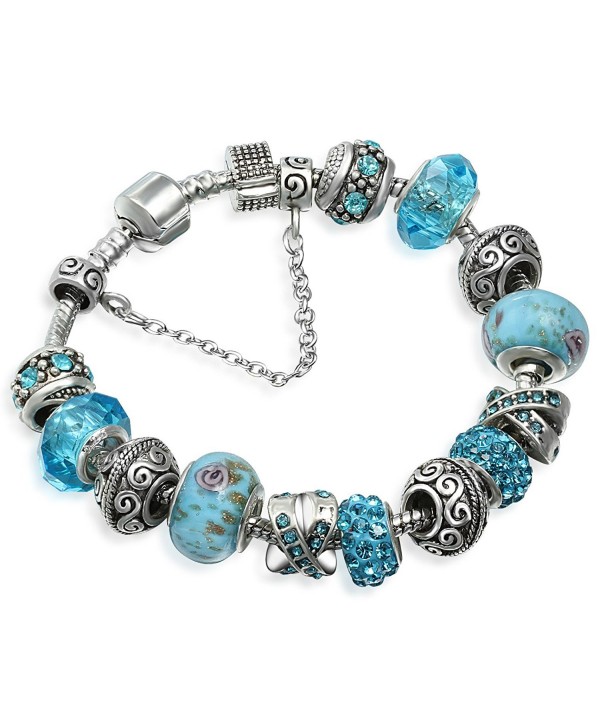 A TE Charm Bracelet with Crystal and Murano Glass Flower Beads for Women B9496 - Blue-20cm - C6123D6ANV9