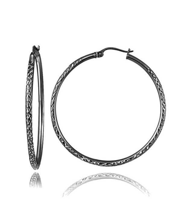Black Flashed Sterling Silver 2mm Diamond Cut Round Hoop Earrings- All Sizes - 40mm - C8182ZRE965