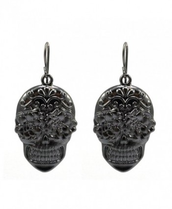 Sugar Skull Hand Painted French Hook Earrings - Hematite - CF12IEJISQN