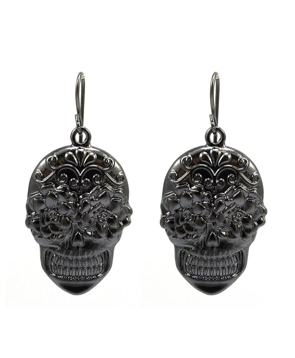 Sugar Skull Hand Painted French Hook Earrings - Hematite - CF12IEJISQN