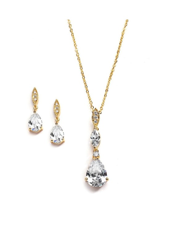 Mariell Best-Seller 14K Gold Plated Pear-Shaped CZ Bridal- Bridesmaids or Prom Necklace and Earring Set - C0121O5FOSJ