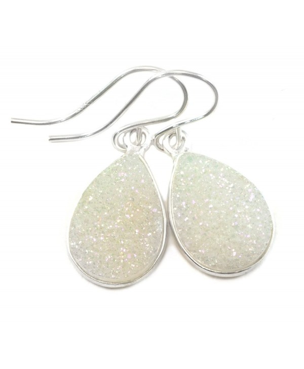 Sterling Silver Drusy Earrings White Druzy Teardrop Silvertone Bezel Set Simple Drops - C9120Y9101L