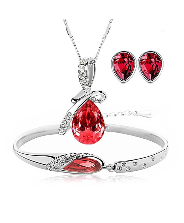 Silver Tone Healing Crystal Rhinestone Drop Pendant Necklace- Bracelet- Earring Set for Women - Red - CC17Z4UC4KN