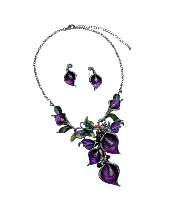 Purple Metal and Butterfly Crystal Statement Necklace and Earrings Set - CH110DFWV9R