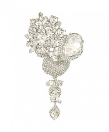 EVER FAITH Silver-Tone Crystal Rhinestone Floral Bride Dangle Brooch Pendant Clear - CI11YF2N1OD