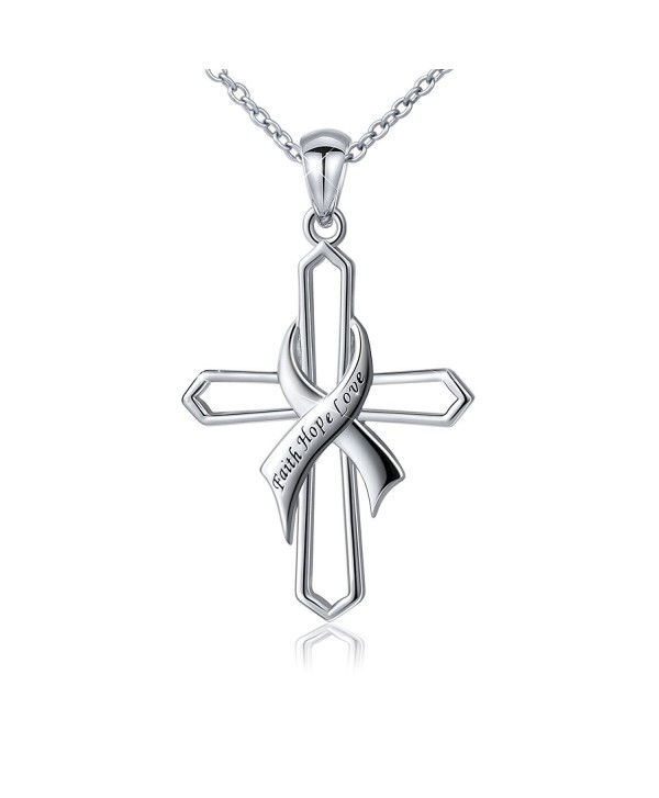 Sterling Silver Faith Hope Love Hollow Sideway Cross Pendant Necklace- 18" Rolo Chain - CZ1838A7Z3A