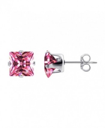 Gem Avenue 925 Sterling Silver 4mm Square Pink Cubic Zirconia Post Back Stud Earrings - C01124HJDI9