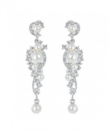 EVER FAITH Women's Austrian Crystal Cream Simulated Pearl Bridal Vine Dangle Earrings Clear - Silver-Tone - CZ11SCFBLOL