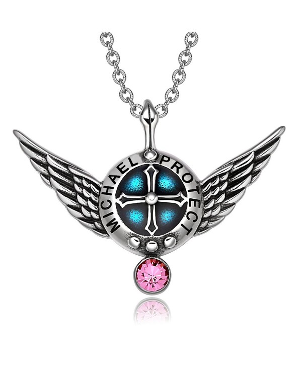 Archangel Michael Angel Wings Protection Shield Magic Powers Charm Pink Crystal Pendant 18 inch Necklace - CQ129PJNXAB
