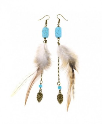 Women's Vintage Long Feather Earrings with Turquoise Bead and Dangle Chain Accent - CL184X9W768