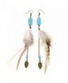 Women's Vintage Long Feather Earrings with Turquoise Bead and Dangle Chain Accent - CL184X9W768