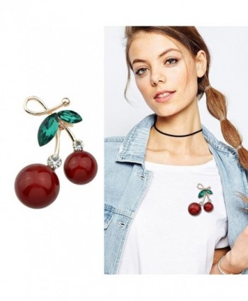 Fashion Sexy Red Cherry Gold Tone Brooches With Green Crystal For Lady and Girls Jewelry Accessories - C8188OARS5D