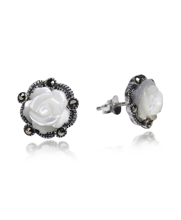 Carved Rose Mother of Pearl and Marcasite Style Pyrite .925 Sterling Silver Stud Earrings - CR11KH93EBD