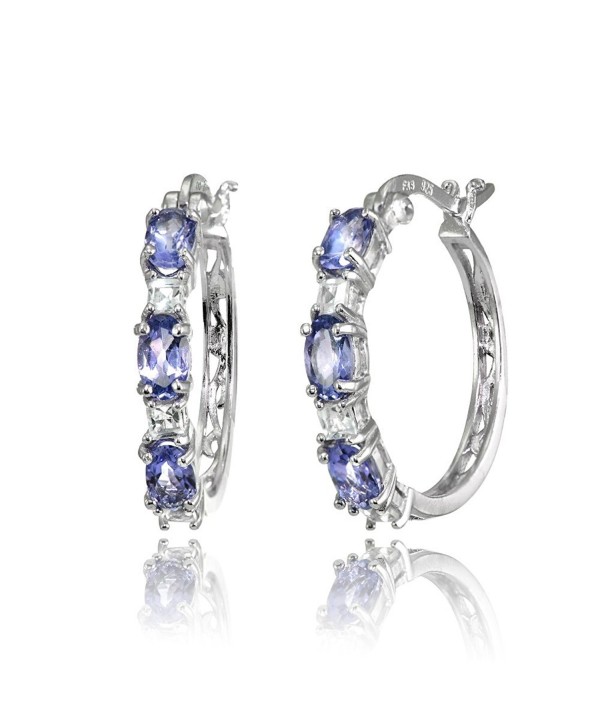 Sterling Silver 5x3mm Oval Gemstone & Princess-cut White Topaz Filigree Hoop Earrings - Tanzanite & White Topaz - C3186E7IOTX