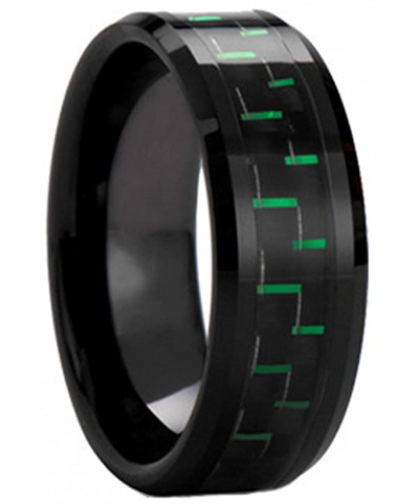 Black Plated Tungsten Carbide Black Green Carbon Fiber Inlay Men's Ring Wedding Band - CJ12GVT1ISD