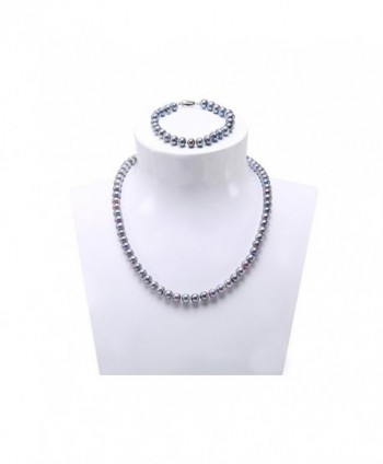 7-7.5mm Flatly Round Pewter Freshwater Pearl Necklace Bracelet Jewelry Set - CA17YK59ADE