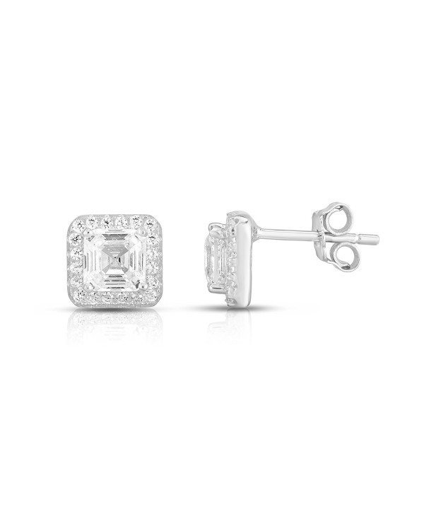 925 Sterling Silver Asscher Cut Cubic Zirconia Halo Stud Earrings - CO187CGG9TU