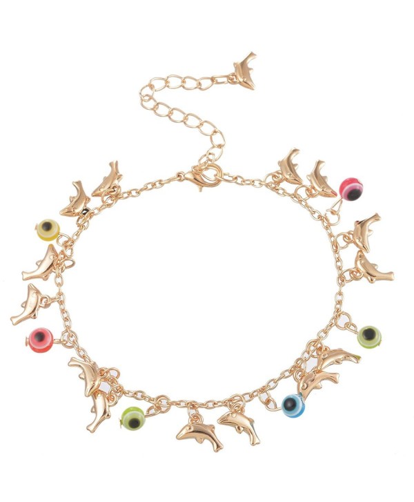 Souarts Gold Color Dolphin Charms Fatima Evil Eye Anklet Chain Foot Jewelry 22cm - CA12HZQO4WX