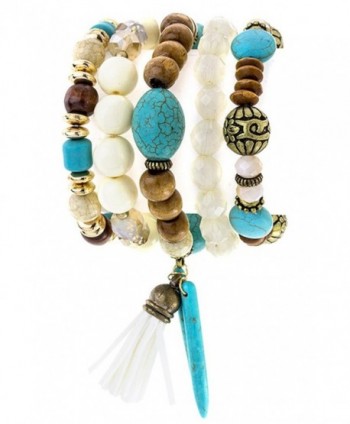 Aris Bohemian Wood & Turquoise Beaded Stretch Bracelets Stack Bundle: Bracelets & Bag (Neutrals Turquoise) - CA129K3CERL