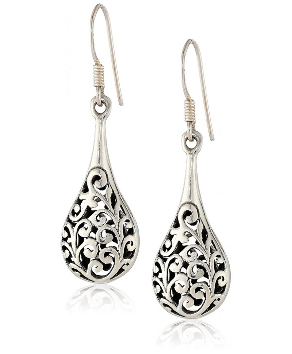 925 Oxidized Sterling Silver Bali Inspired Filigree Puffed Raindrop Dangle Hook Earrings - CK110C925HH