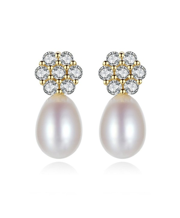 Snow KissGold Plated 925 Sterling Silver AAA CZ 8mm Freshwater Pearl Earrings Stud for Women - C118634LD4O