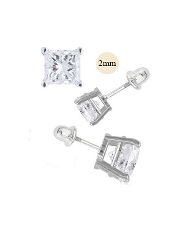 14K White Gold 2mm Princess Cut Simulated Diamond Stud Earring Set on High Quality Prong Setting- Screw Back Post - CF11ZZF6UZV