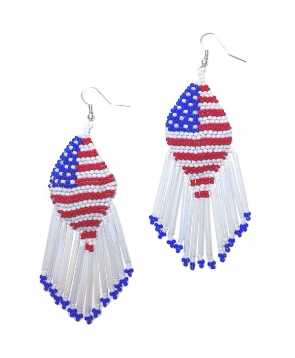 Patriotic American Flag Beaded Chandelier Memorial Day or Fourth of July Earrings & Gift Pouch - CJ1838USHDO