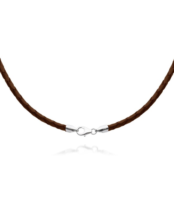 4mm Brown Braided Leather Cord Necklace Choker with Solid 925 Sterling Silver Clasp 18" - CA115GMBQYN
