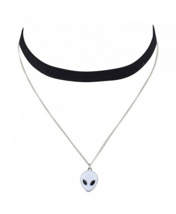 Lux Accessories Silvertone Alien Head Charm Layered Velvet Suede Choker Necklace - C61855RS5H9