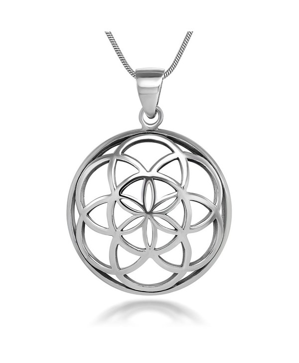 925 Sterling Silver Seed of Life Mandala 28 mm Round Circle Charm Pendant Necklace- 18 inches - CF11W4HEU37