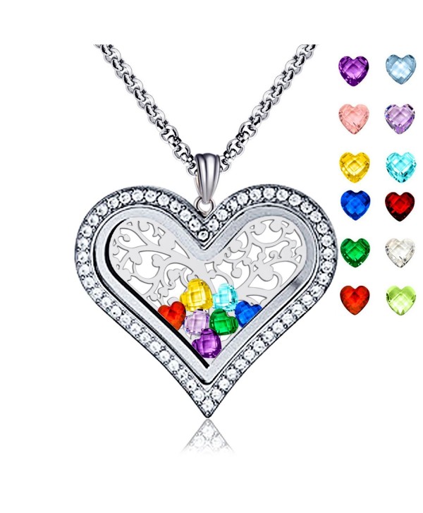 Family Tree of Life Floating Living Memory Love Heart Locket CZ Necklace All 12 Heart Birthstones Include - CA188U8NSIA