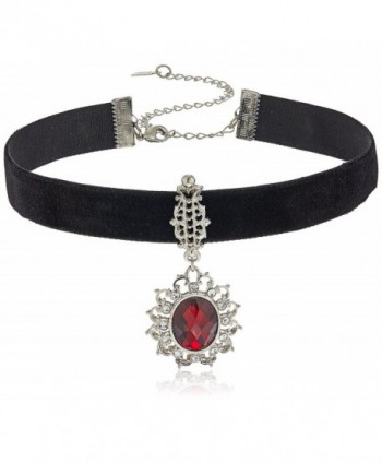 1928 Jewelry Black Velvet with Casted Red Stone and Crystal Pendant Choker Necklace - C612NESOM7P