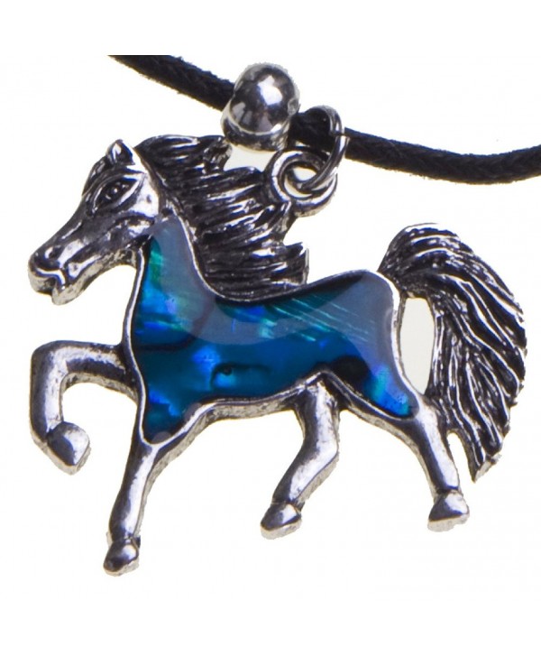 Blue Abalone Shell Horse Pendant Necklace Black Cord Chain Christmas Birthday Gift Jewelry - C611C48VH91
