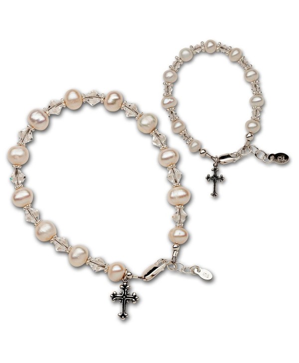 Sterling Silver Cross "Mom and Me" Cultured Pearl Bracelet Set with Swarovski Crystal for Mother-Daughter - C212FSQ6105