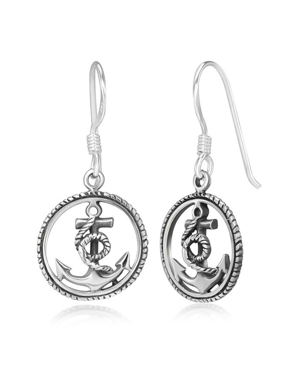 925 Stelring Silver Anchor Navy Sailor Symbol Rope Wheel Round Dangle Hook Earrings 1.1" - CT1234YG103