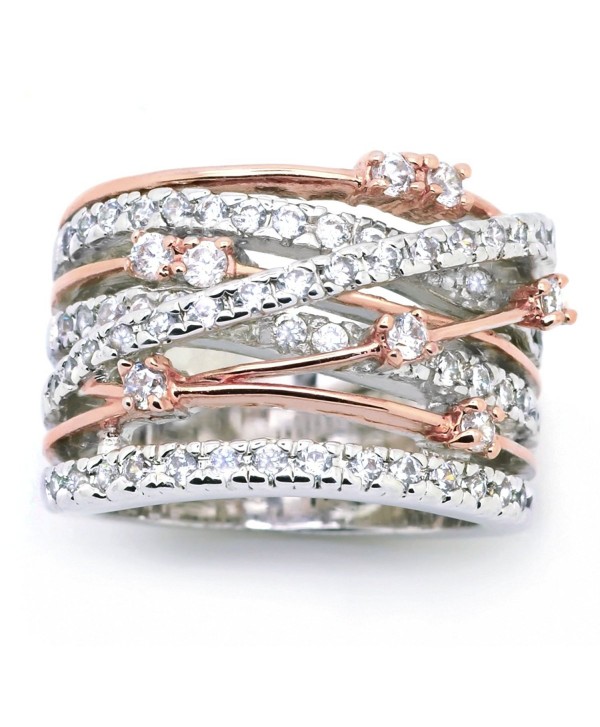 Sparkly Bride CZ Statement Ring Crossover Two-tone Rose Gold Plated Wide Band Women Fashion - CN12CE0HPWV