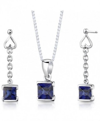 Created Sapphire Pendant Earrings Necklace Sterling Silver Rhodium Nickel Finish Dangle Princess Shape - CJ112TBOFT7