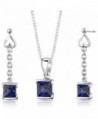 Created Sapphire Pendant Earrings Necklace Sterling Silver Rhodium Nickel Finish Dangle Princess Shape - CJ112TBOFT7