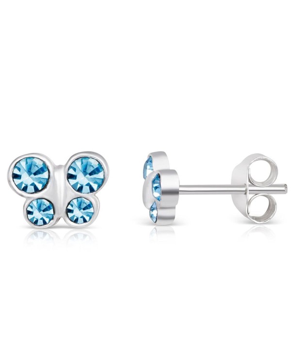 Sterling Blue Aquamarine Crystal Butterfly Rhodium Plated Small Stud Earrings Girls Women - C9184ADD3A0