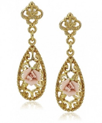 Downton Abbey Carded Gold-Tone Pink Porcelain Rose Drop Earrings - CM124IYUFQT