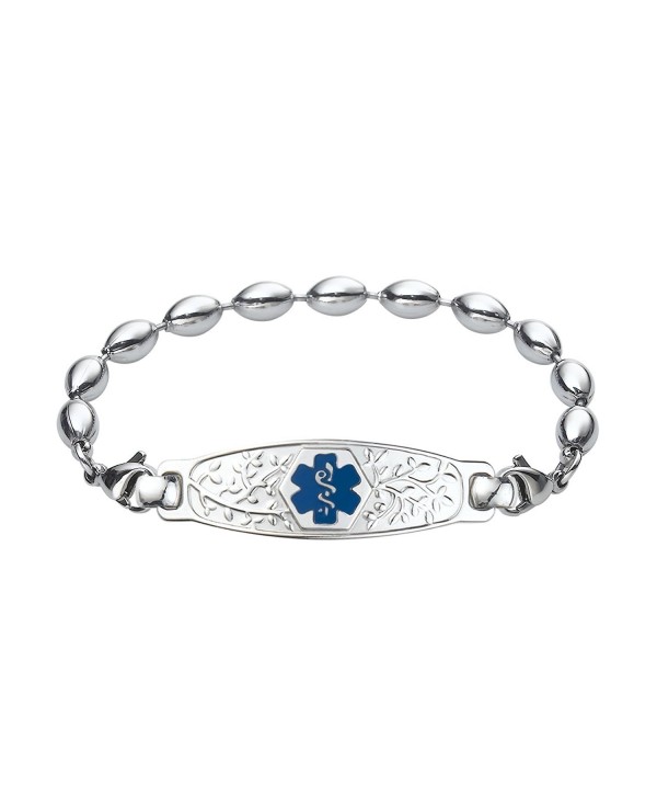 Divoti Custom Engraved Beautiful Olive Medical Alert Bracelet -Rice Bead Stainless -Deep Blue - CT12N81K8WF