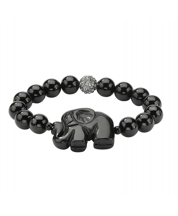 Genuine Black Agate Elephant and Simulated Crystal Accent Beaded Stretch Bracelet 8" - CI11Q7S7VLR