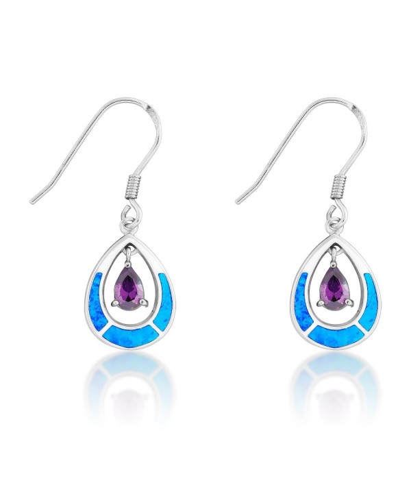 Sterling Silver Created Blue Opal and CZ Teardrop Dangle Earrings - Amethyst CZ - CA11T0THPY3