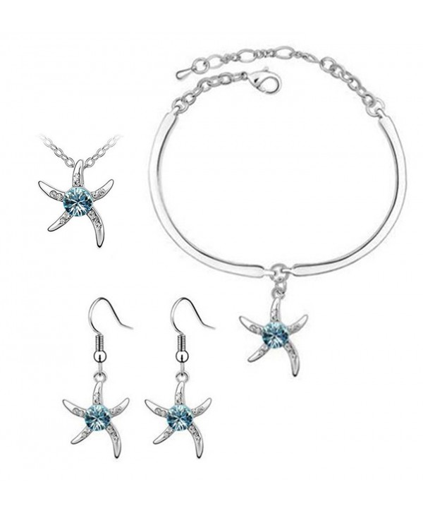 Finov Crystal Starfish Pendant Necklace Bracelet Earrings 3-in-1 Jewelry Set - Ocean Blue - CO12FOJRVU5
