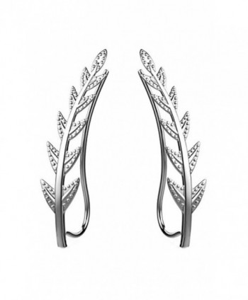 Ear Crawler Cuff Earrings 14k White Gold Over Sterling Silver Ear Climber Studs Olive Leaf Hypoallergenic - CF12NSLDD6Q